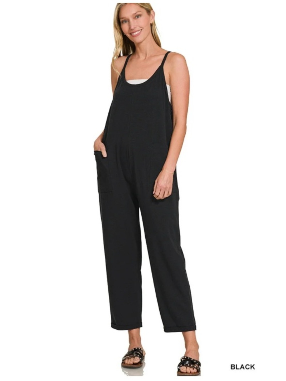Zenana Black Scoop Neck Spaghetti Strap Jumpsuit